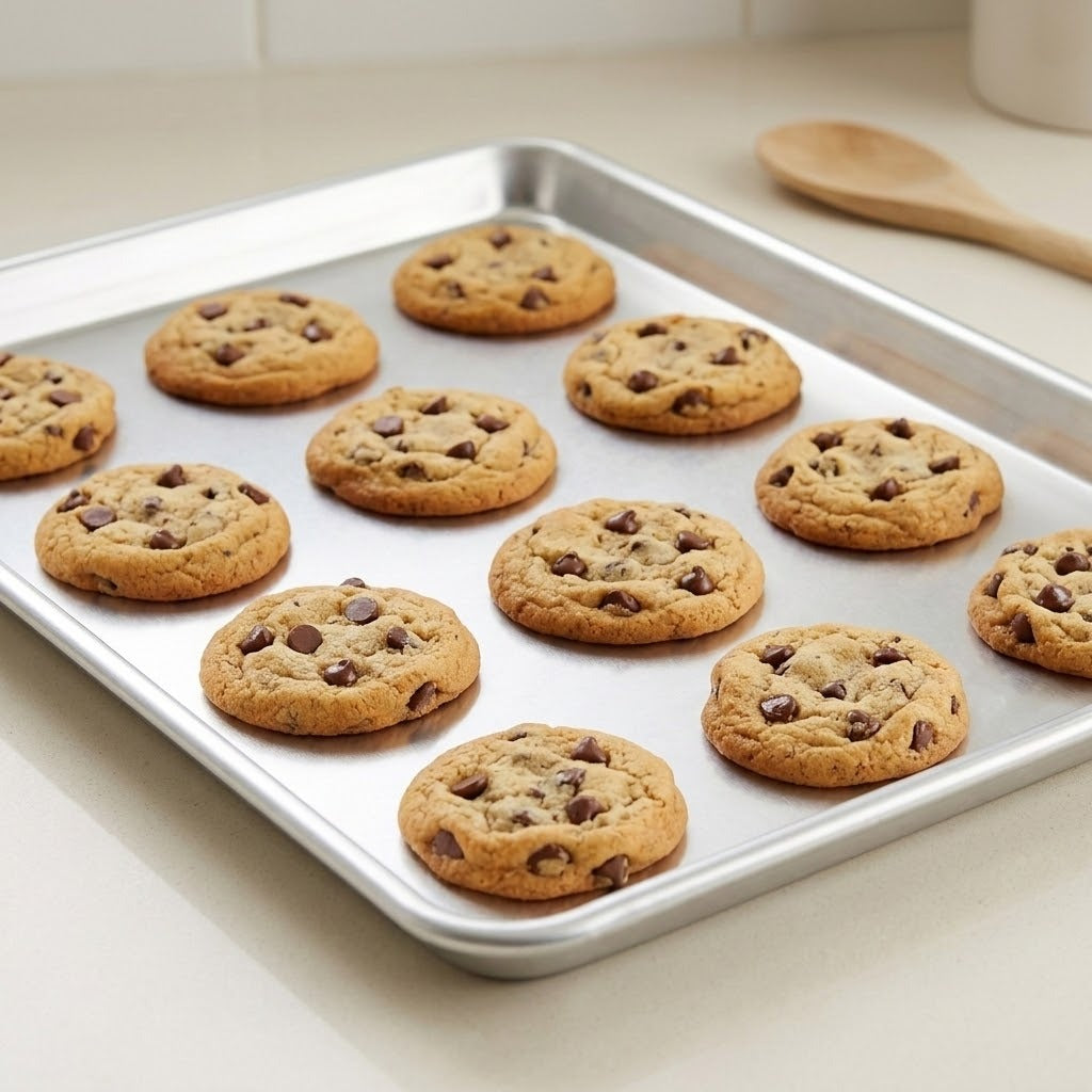 A metal baking sheet holding multiple chocolate chip cookies on a light countertop, with a wooden spoon blurred in the background.