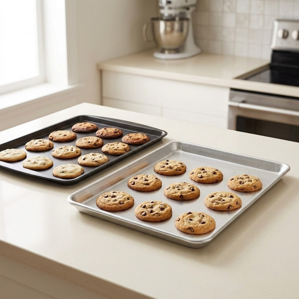 Two baking trays with freshly baked chocolate chip cookies on a light beige kitchen countertop, with a stand mixer and kitchen cabinets blurred in the background.