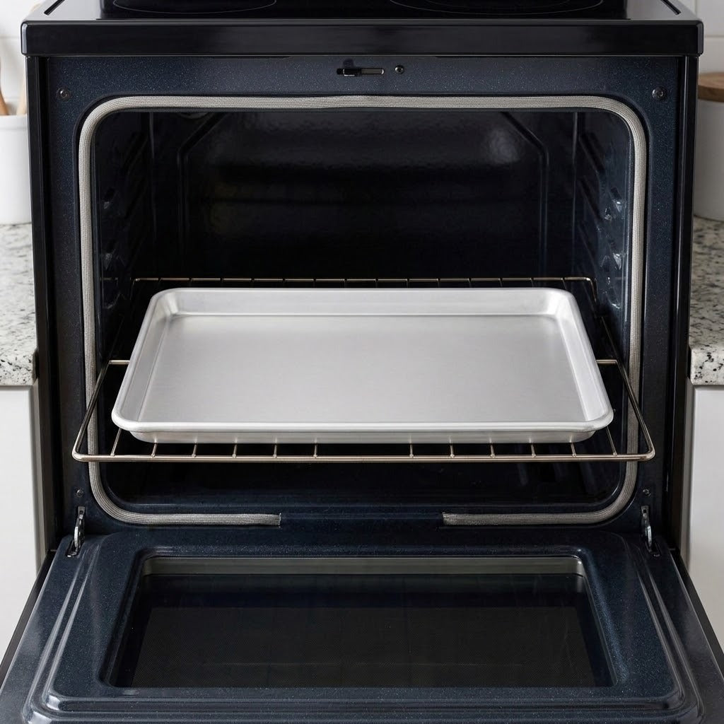 A silver metal baking sheet resting on the middle rack of an open black oven.