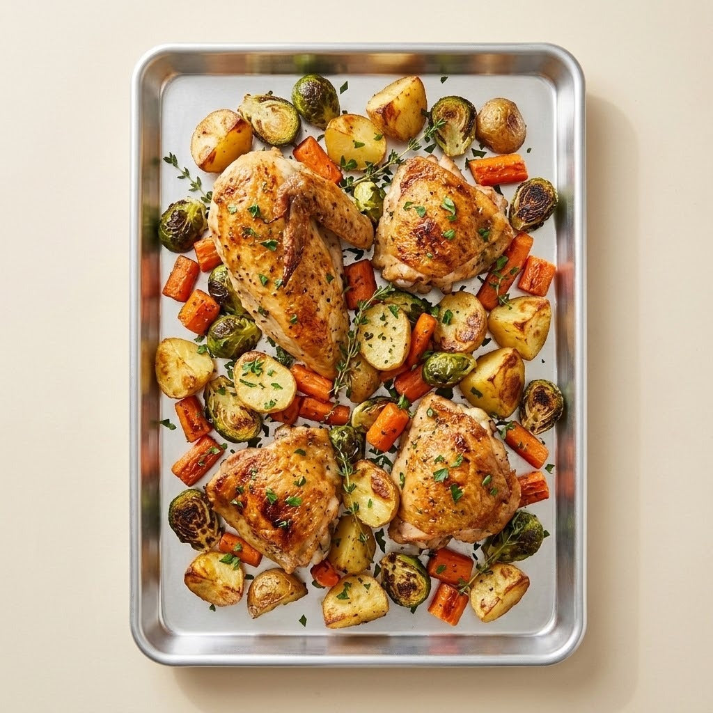 A top-down view of a roasted chicken and vegetable sheet pan meal on a silver metal baking tray, set against a solid beige background.