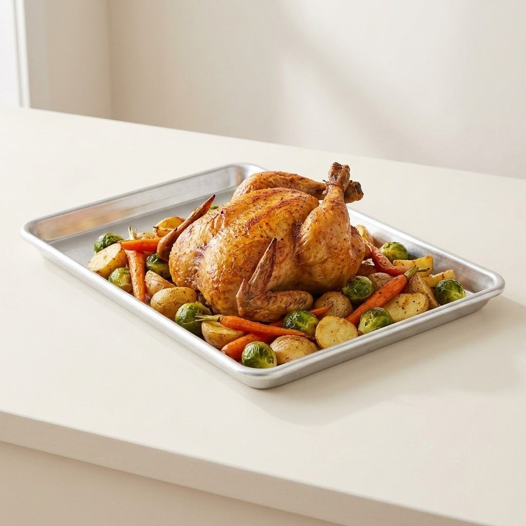 A rectangular metal roasting pan containing a roasted whole chicken with carrots, potatoes, and Brussels sprouts, photographed on a light cream countertop in a bright kitchen setting.