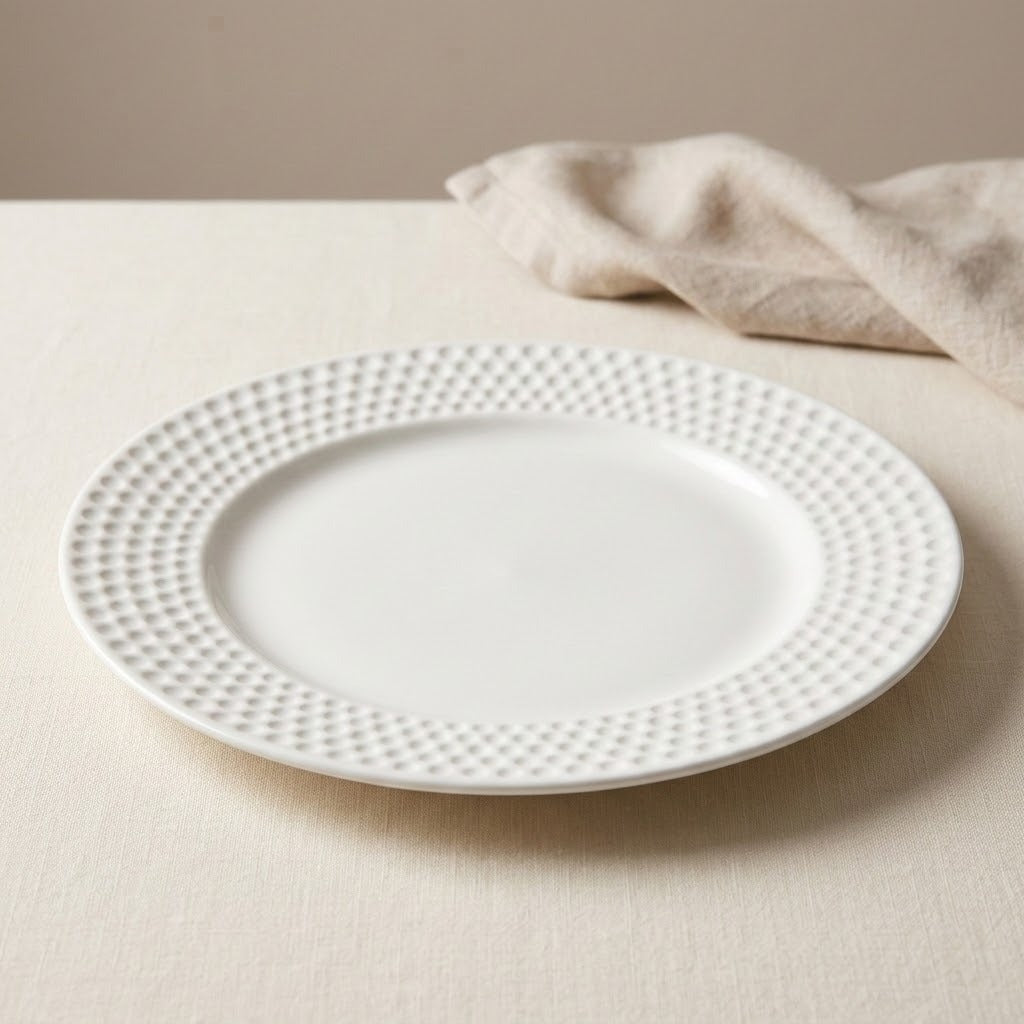 A white ceramic plate with a textured beaded border, displayed on a light beige tablecloth with a neutral beige background and a folded linen napkin.