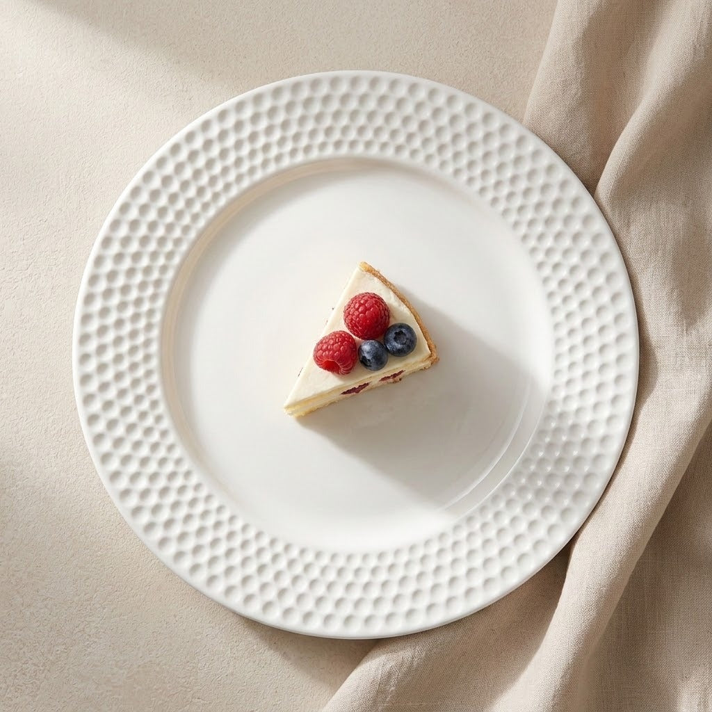 A white ceramic plate with a textured, dimpled border, styled on a beige fabric background with a slice of cheesecake topped with raspberries and blueberries in the center.