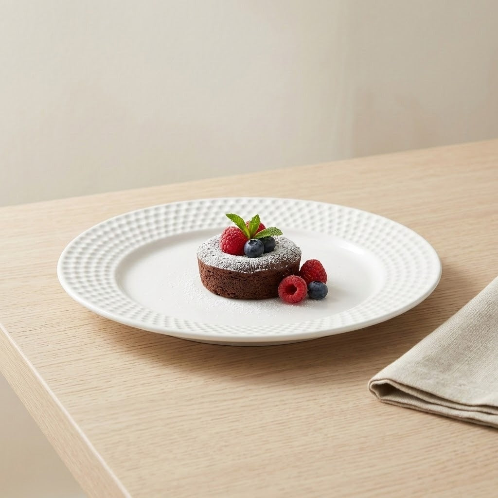 A white ceramic plate with a textured beaded rim sits on a light wood table, styled with a small dessert topped with fresh berries and mint, alongside a folded beige napkin.