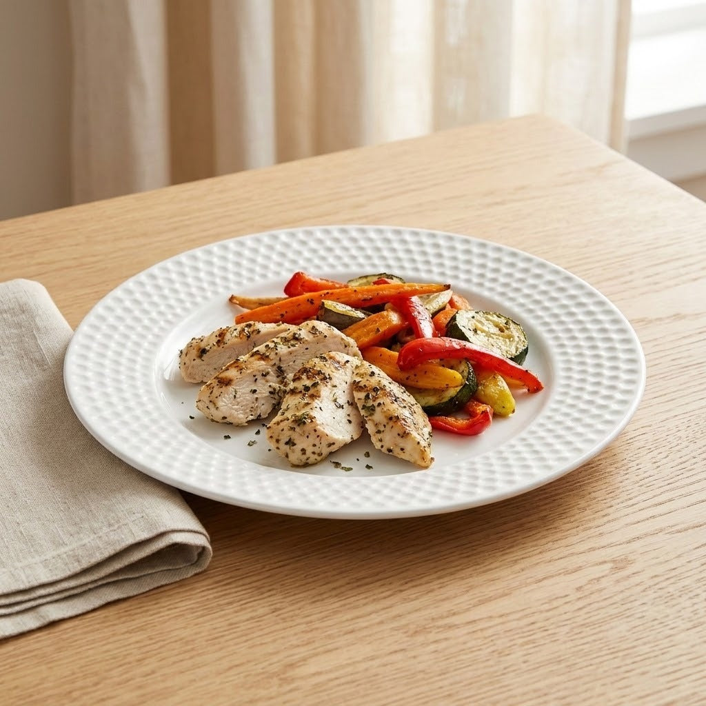 A white ceramic plate with a textured dimpled border, shown on a light wood table with cooked chicken breast and mixed vegetables, next to a folded beige napkin.