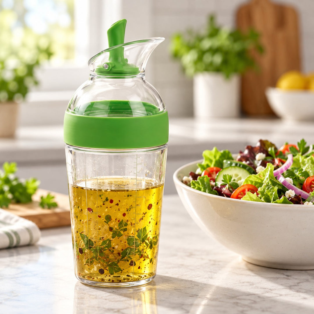 Green 240 ml Salad Dressing Shaker stands beside salad on a kitchen counter, ready to pour.