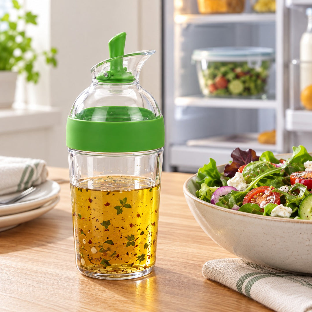 Closed green Salad Dressing Shaker sits beside a prepared lunch salad in a bright dining area.