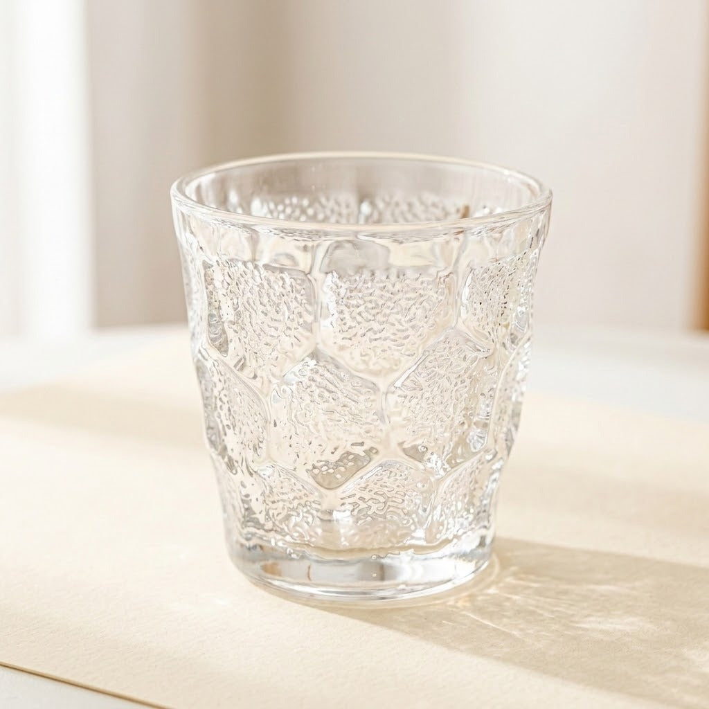A clear textured glass tumbler with a diamond-patterned design, sitting on a light beige surface with a soft-focus background.