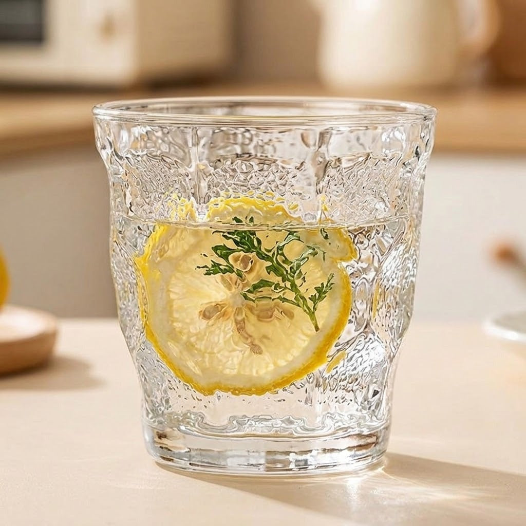 A clear textured glass tumbler with a lemon slice and green herb garnish inside, set on a light tabletop with a softly blurred kitchen background.