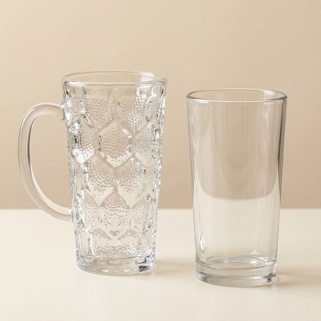 A clear glass mug with a textured geometric pattern and a handle, shown next to a matching clear glass pint tumbler on a light beige background.