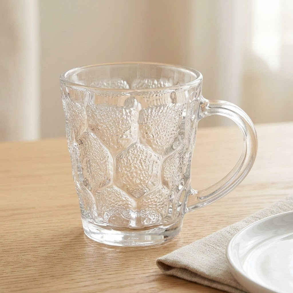 A clear glass mug with a textured honeycomb pattern and a curved handle, placed on a light wooden table with a folded beige napkin and a white plate nearby.