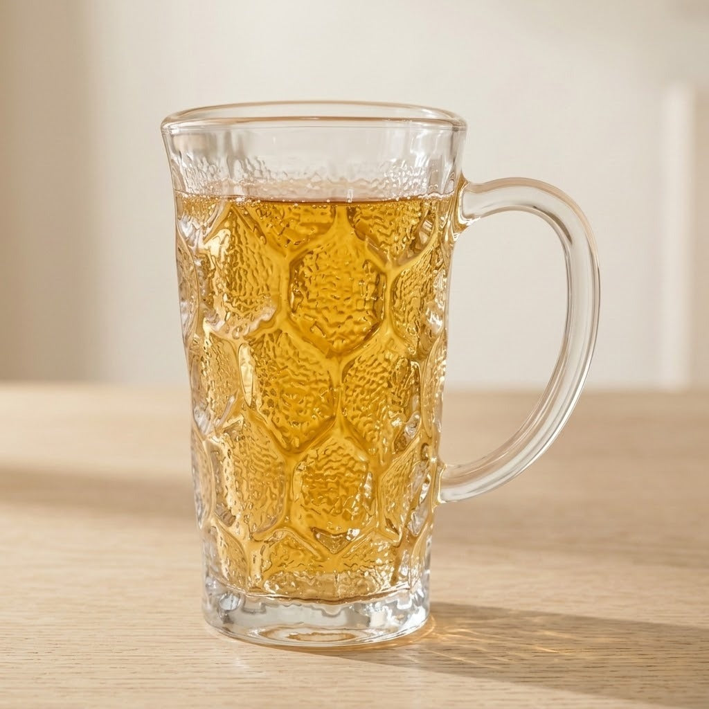 A clear textured glass mug filled with an amber beverage, set on a light wood surface against a soft beige background.