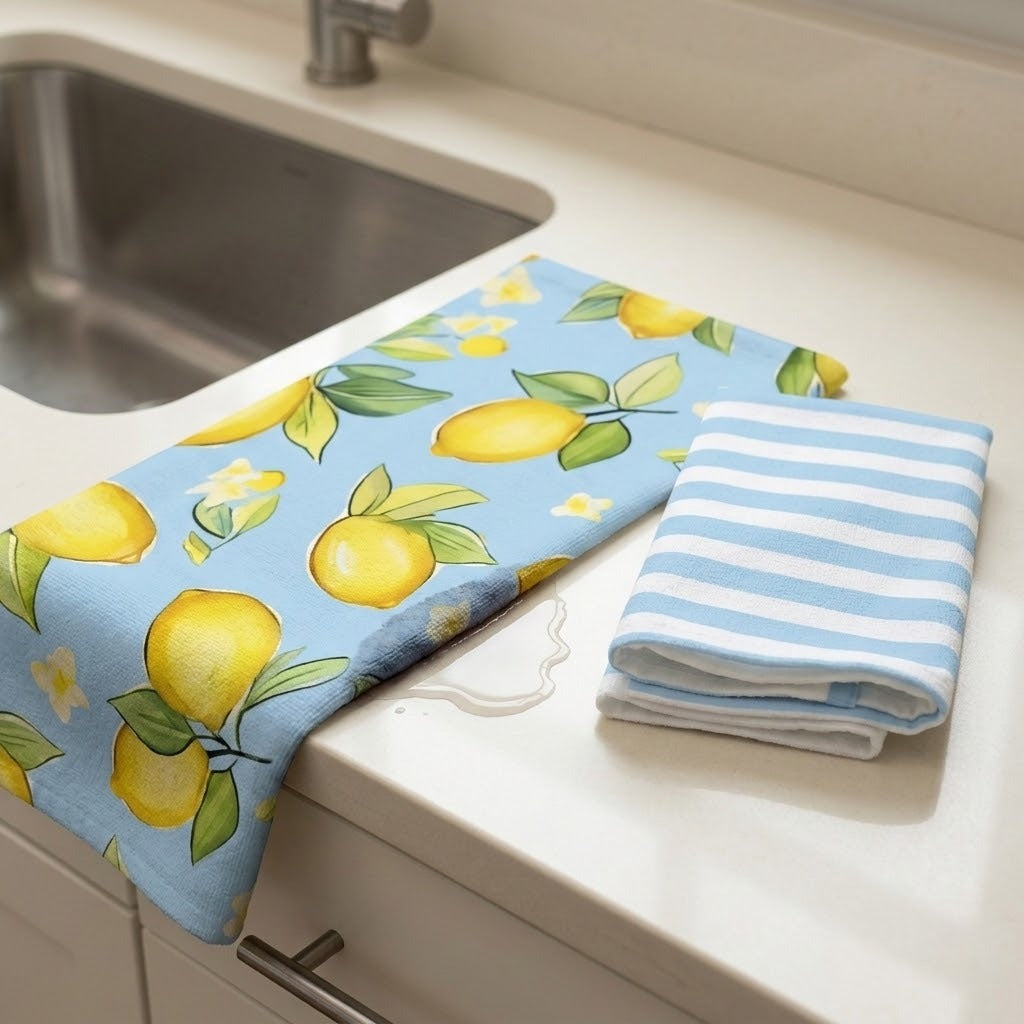A kitchen towel set displayed on a white countertop next to a sink. One towel is light blue with a yellow lemon and green leaf pattern, and the other is folded in a light blue and white striped fabric.