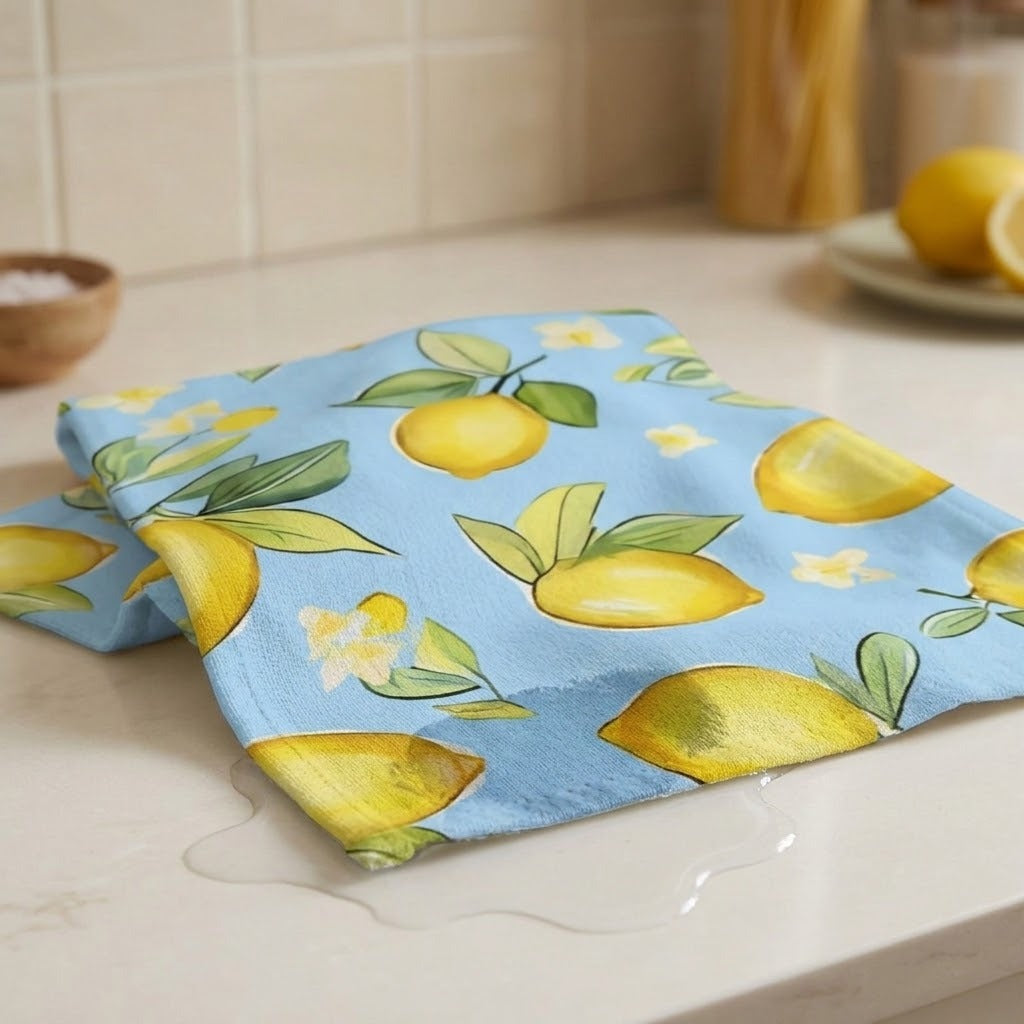 A light blue kitchen towel with a yellow lemon print, folded on a beige countertop with a water puddle nearby and a tiled backsplash in the background.