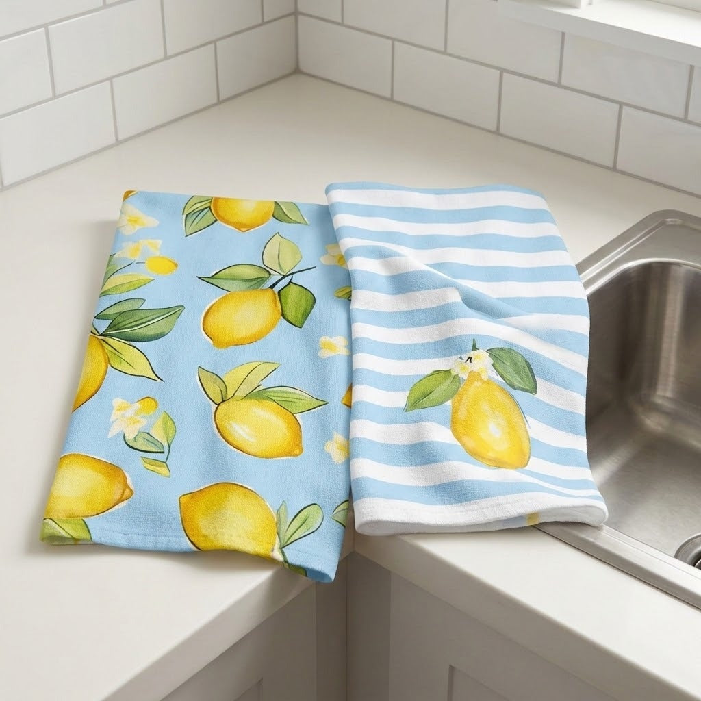 Two kitchen towels with a lemon print and striped pattern resting on a white countertop next to a stainless steel sink.