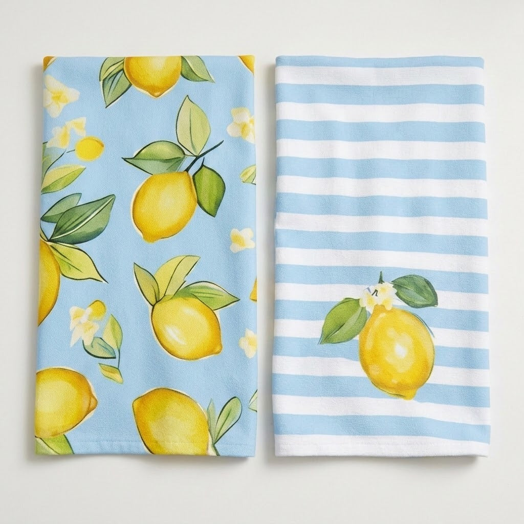 Two cotton kitchen towels with a lemon theme, displayed side-by-side against a light neutral background. The towel on the left features a light blue background with a yellow lemon and green leaf pattern, while the towel on the right features light blue and white horizontal stripes with a single yellow lemon illustration.