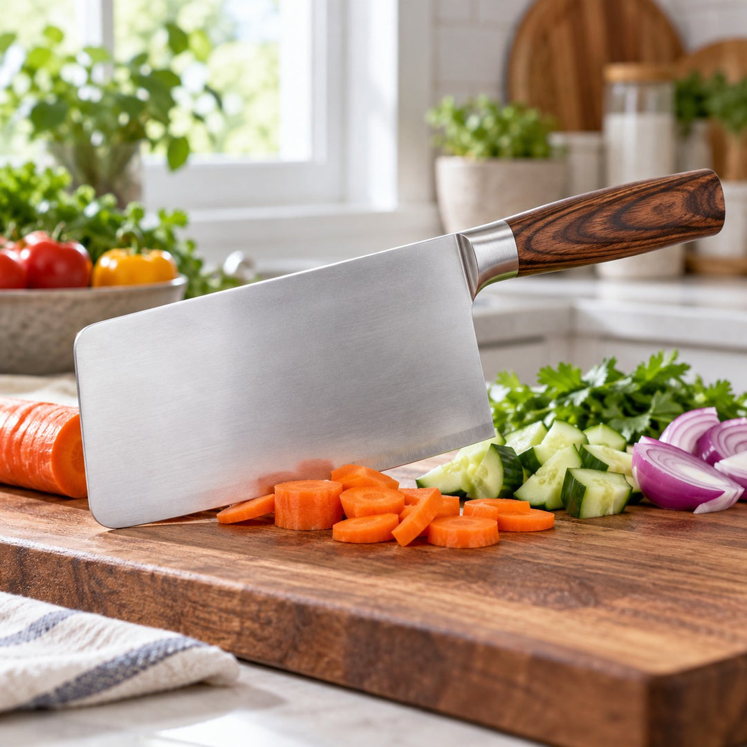Steel kitchen chopping knife cuts vegetables on a wooden board in a bright home kitchen.