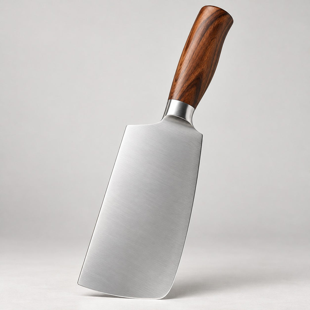 A broad stainless steel chopping knife with a brown wood-grain handle stands against a clean backdrop.
