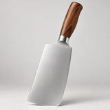 A broad stainless steel chopping knife with a brown wood-grain handle stands against a clean backdrop.