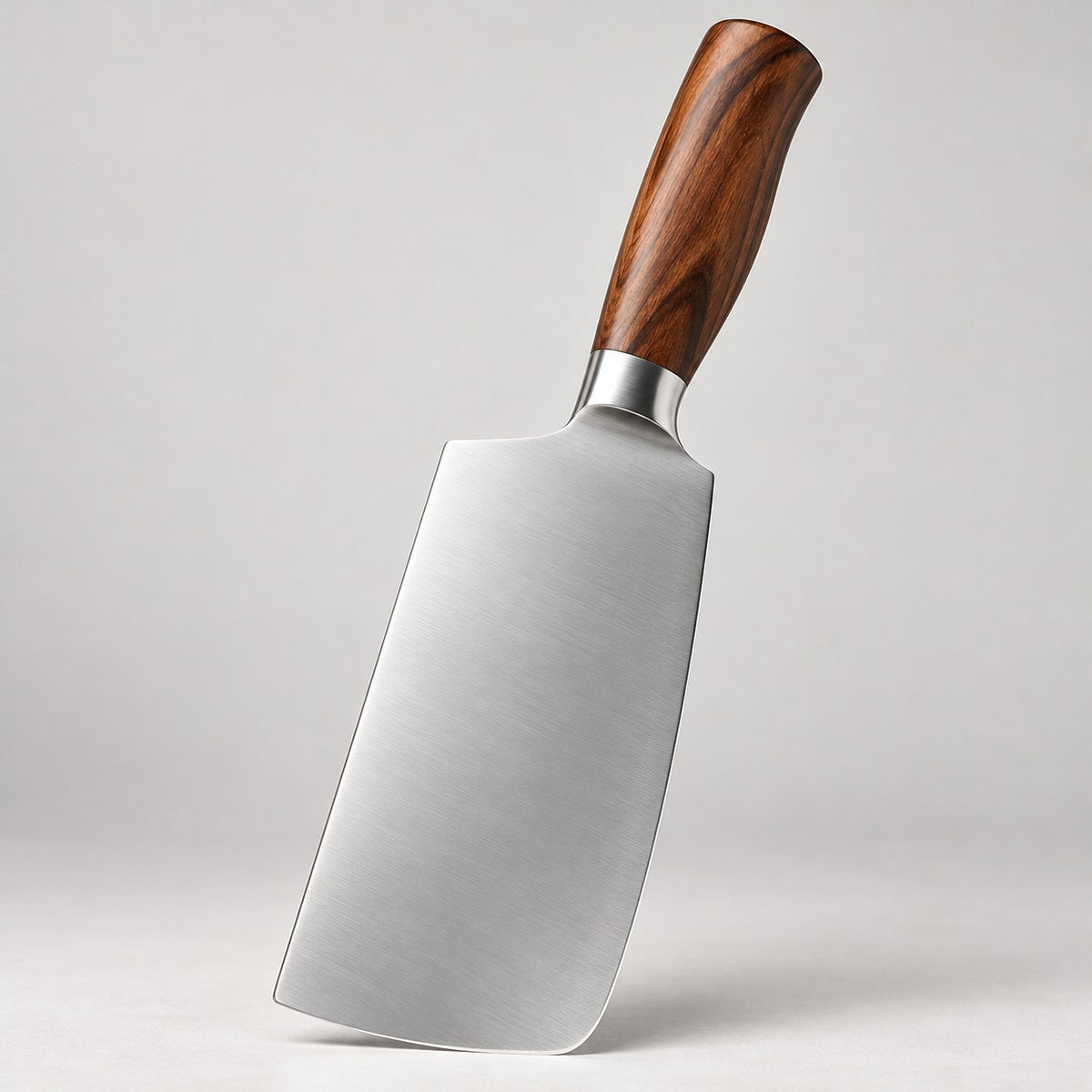 A broad stainless steel chopping knife with a brown wood-grain handle stands against a clean backdrop.