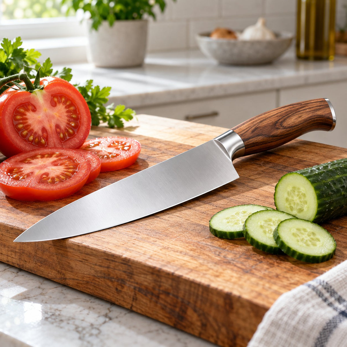 A stainless steel chef knife lies beside sliced tomato and cucumber on a kitchen cutting board.