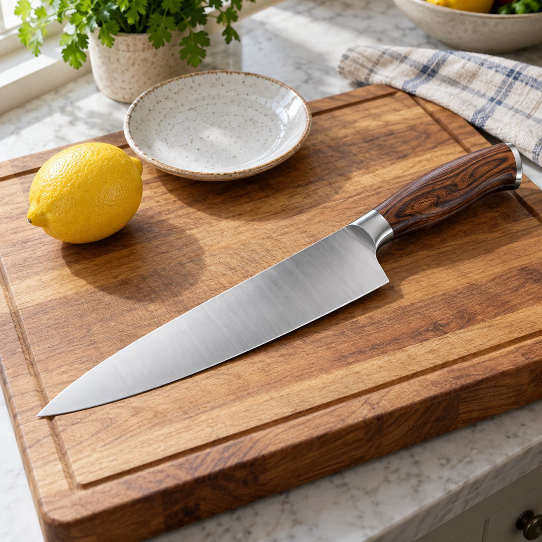 A stainless steel chef knife rests on a wooden cutting board beside a lemon and side plate.