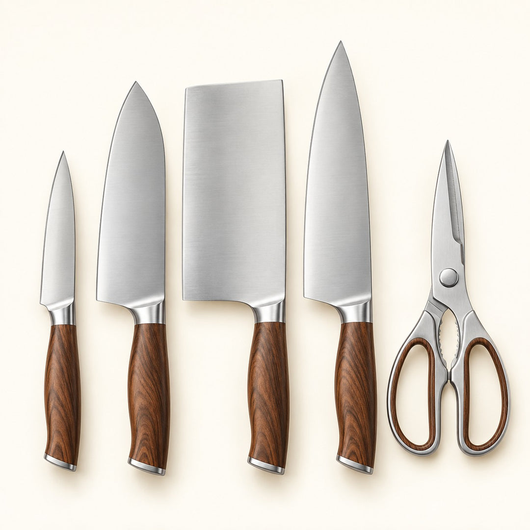 Four stainless steel knives and kitchen shears with brown handles arranged on a cream backdrop.