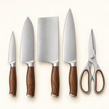Four stainless steel knives and kitchen shears with brown handles arranged on a cream backdrop.