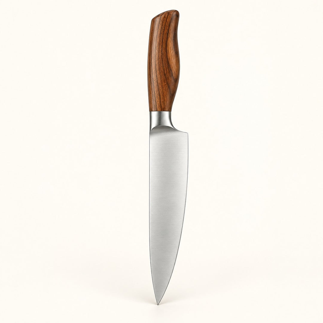 Single stainless steel chef knife with a brown wood-grain handle on a cream backdrop.