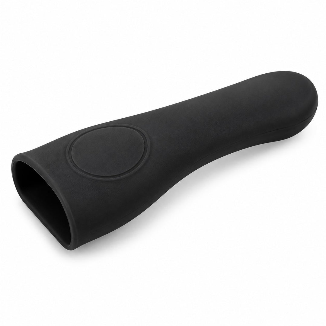 One black silicone pot handle cover sits alone on a white studio background.