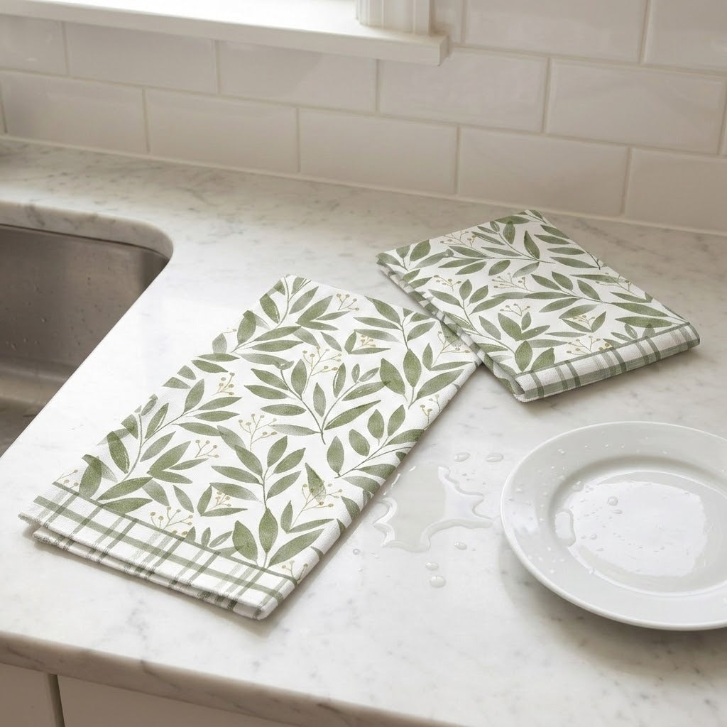 Two kitchen towels with a green leaf pattern and white plaid borders are displayed on a white marble countertop next to a white plate and sink.