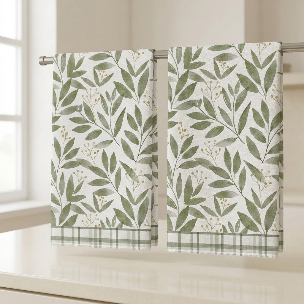 Two white kitchen towels with a green leaf pattern and a green plaid border, hanging from a metal rod on a kitchen counter.