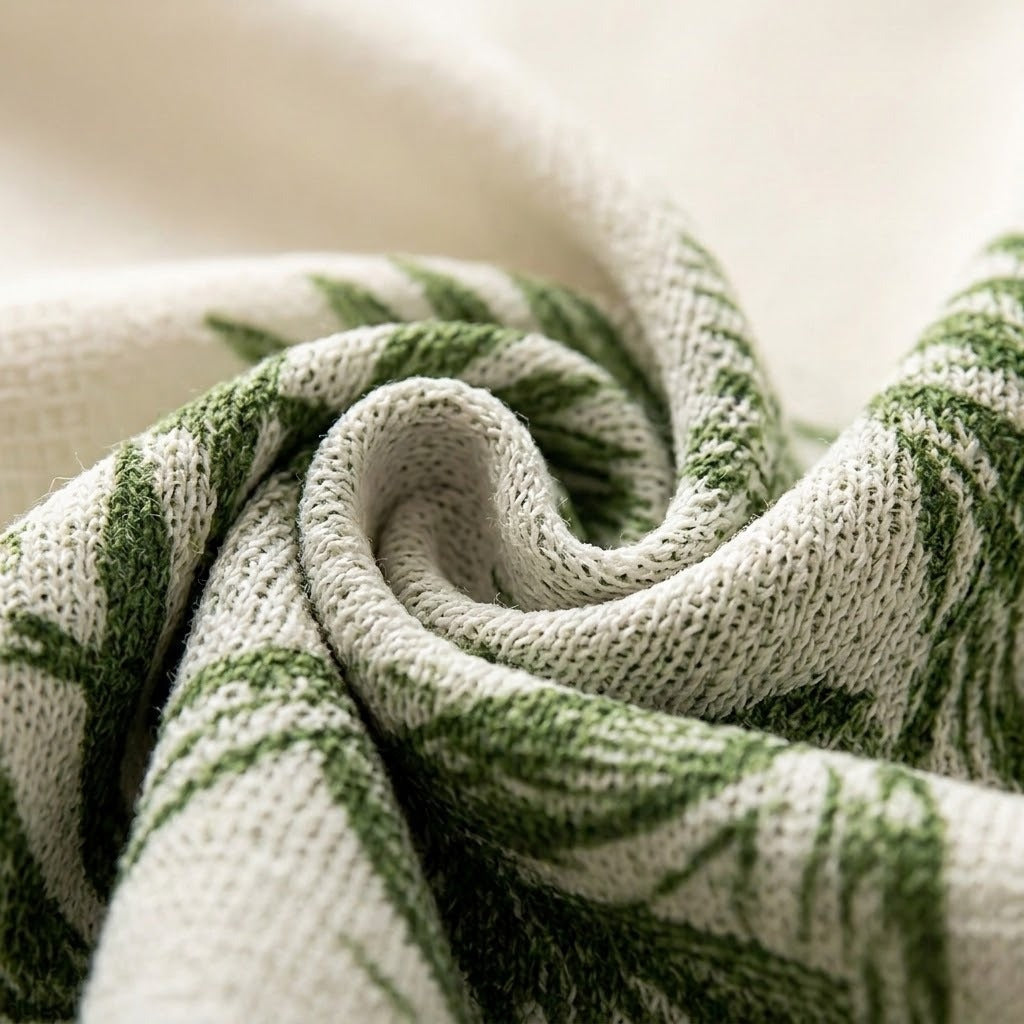 A close-up of a knitted textile with a green leaf pattern on an off-white background, arranged in a spiral to show the fabric texture.