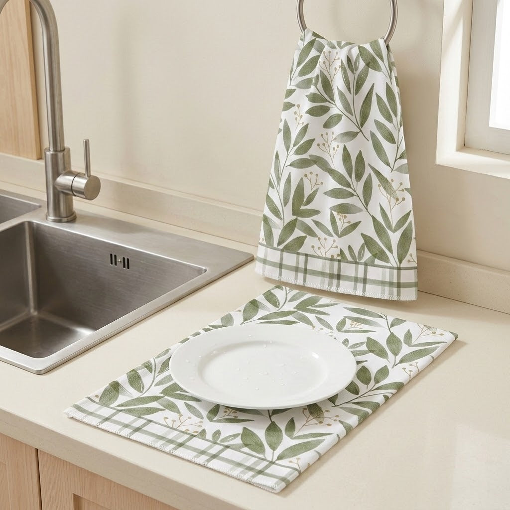 A kitchen towel set with a green leaf and plaid pattern, shown hanging on a wall ring and laid flat on the counter next to a sink and a white plate.
