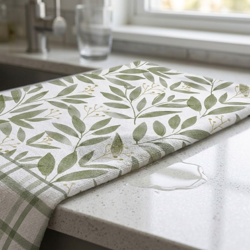 A folded kitchen towel with a green leaf pattern and striped border rests on a light speckled countertop near a sink and window.
