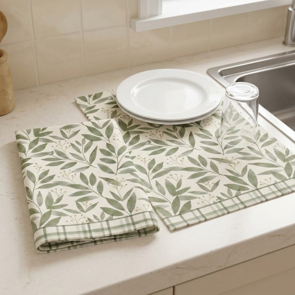 A set of kitchen placemats with a green leaf pattern on a cream background, styled on a kitchen counter with white plates and a glass on a sink.