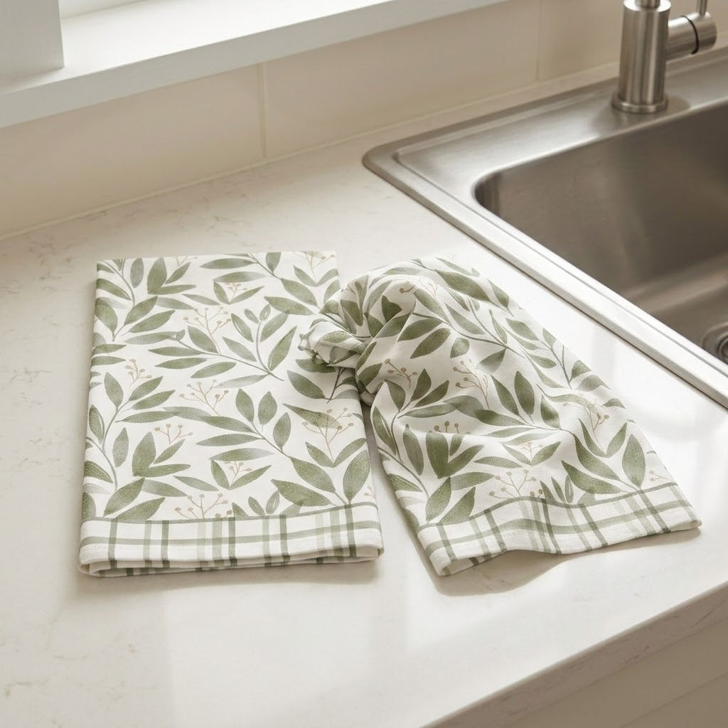 Two kitchen towels with a green leaf pattern and plaid borders resting on a white countertop next to a stainless steel sink.