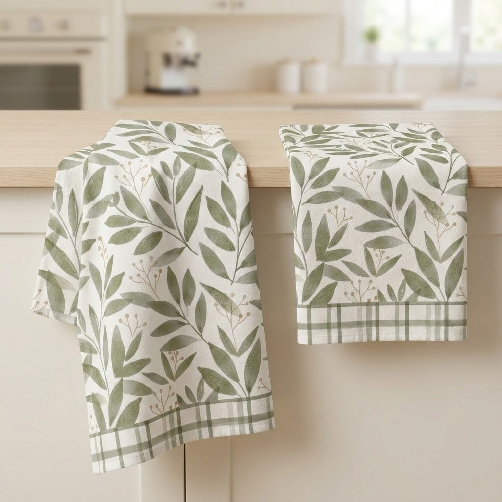 Two kitchen towels with a green leaf pattern and plaid borders hanging over a light wood countertop in a softly blurred kitchen setting.