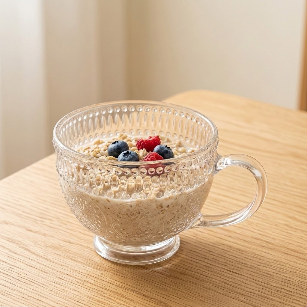 A clear textured glass mug filled with oatmeal and topped with blueberries and raspberries, set on a light wood table.