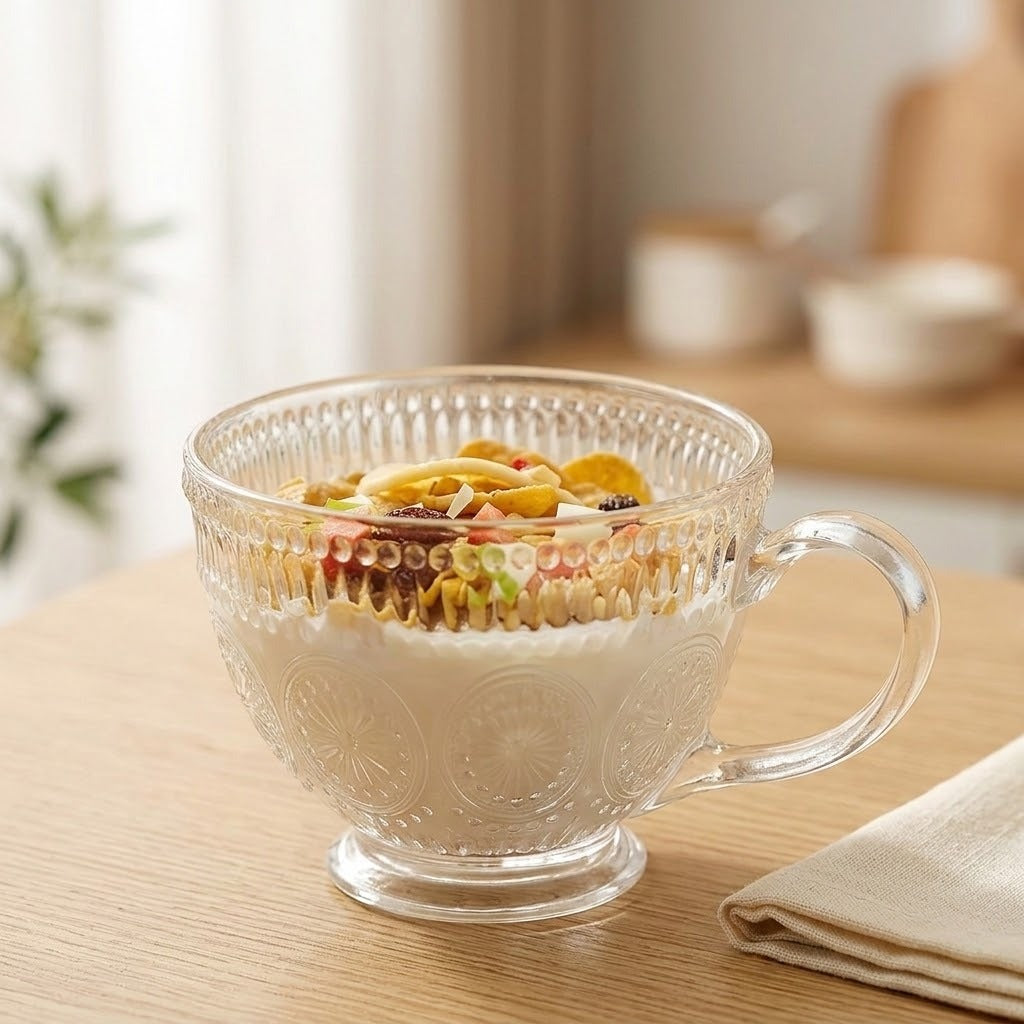 A clear glass mug with a handle and embossed floral pattern, filled with milk and topped with cereal, set on a light wooden table in a softly blurred kitchen setting.