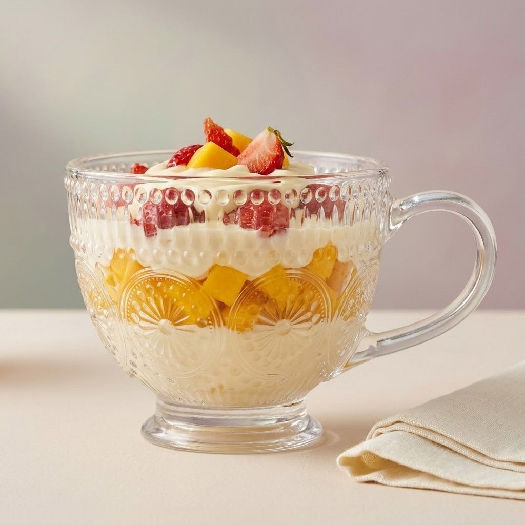 A clear glass dessert cup with a handle, filled with layered cream, fruit pieces, and strawberries, set on a light surface with a folded napkin nearby.