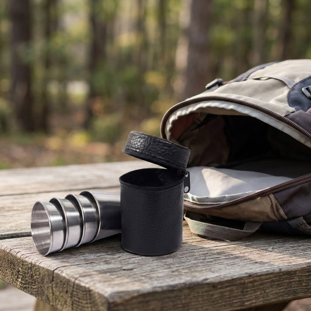 A black cylindrical carrying case with a textured exterior and a silver metal cup resting beside it on a wooden picnic table, with an open backpack in a blurred forest background.