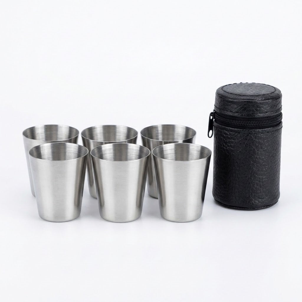 Six small stainless steel shot glasses arranged in two rows next to a black textured cylindrical carrying case on a white background.