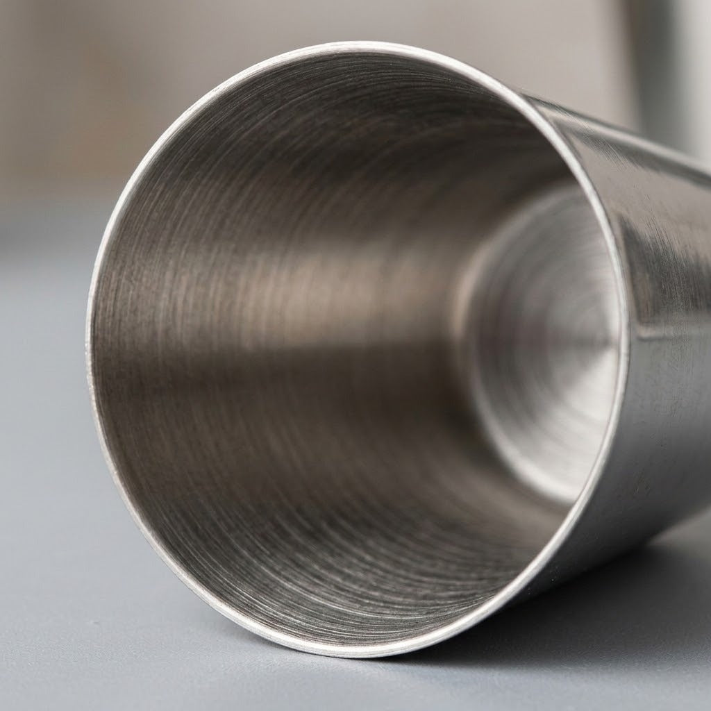 Close-up of a brushed stainless steel cup or tumbler shown from the inside, highlighting the metallic texture and smooth interior surface.