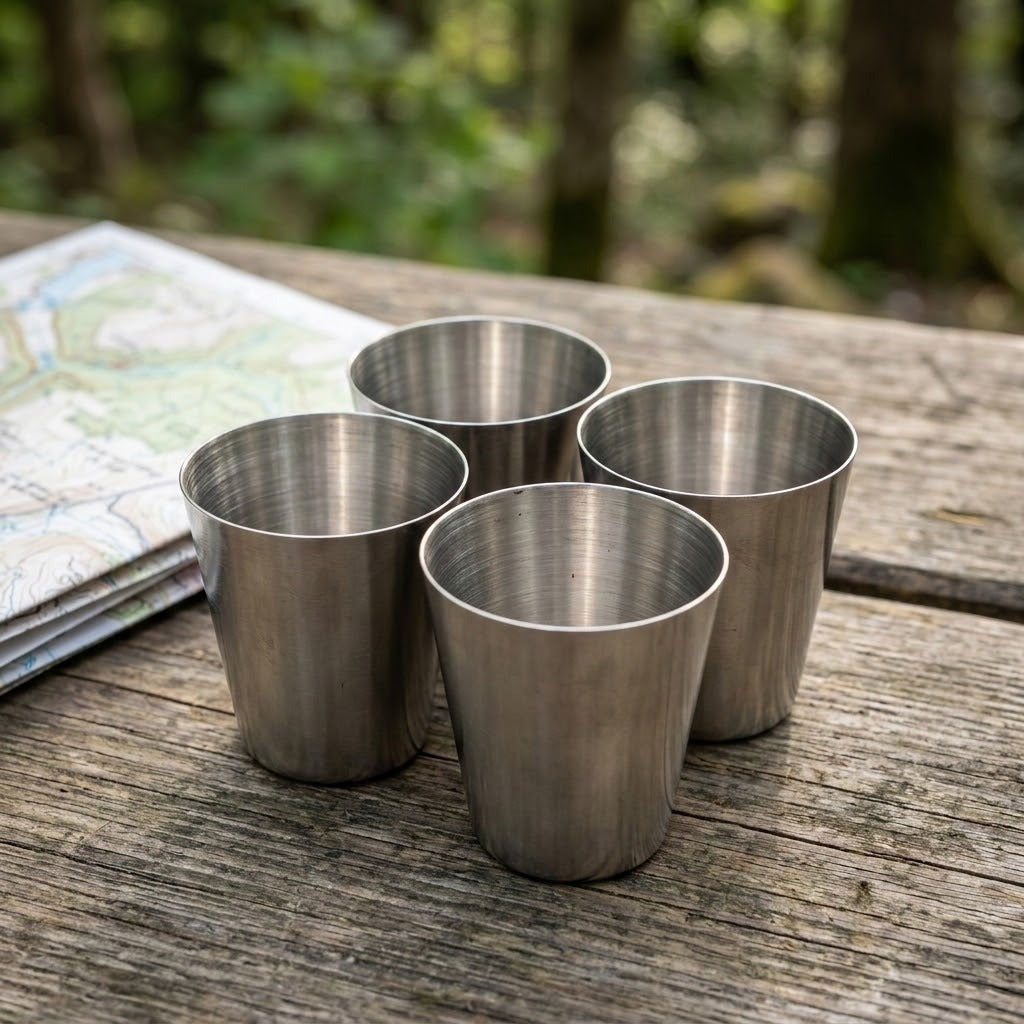 Four small brushed-metal cups arranged on a weathered wooden table outdoors, with a blurred forest background and a map partially visible at left.