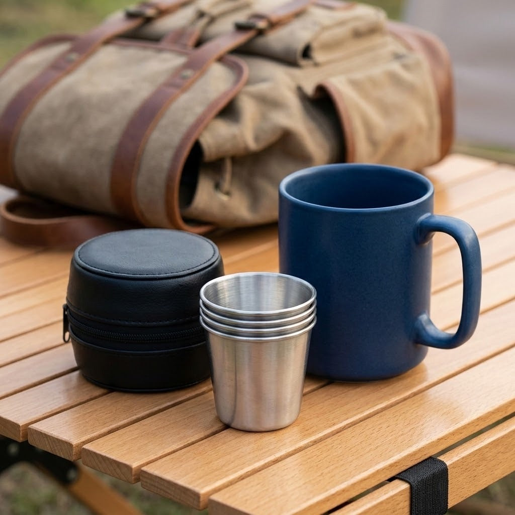A camping mug set on a wooden table, featuring a navy blue ceramic mug, a stack of stainless steel cups, a black round lunch container, and a canvas backpack in the background.