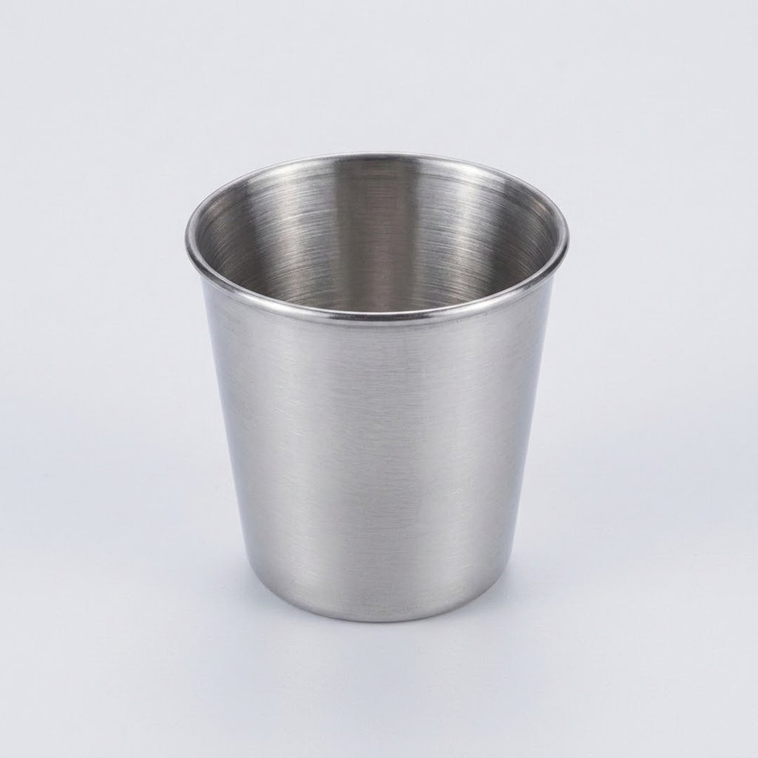 A brushed stainless steel cup with a tapered cylindrical shape, shown on a clean white background.