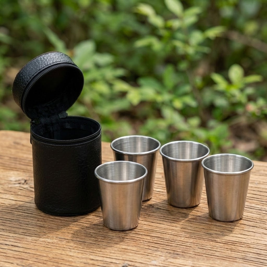 Four small stainless steel shot glasses next to an open black cylindrical carrying case on a wooden surface, with a blurred green outdoor background.