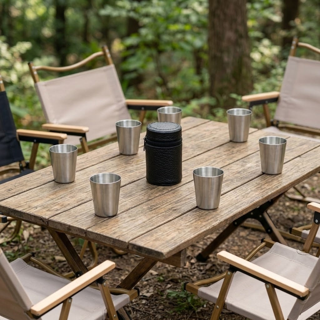 A rustic wooden folding table set in a forest with canvas camping chairs around it. On the table are several stainless steel cups and a black cylindrical container.