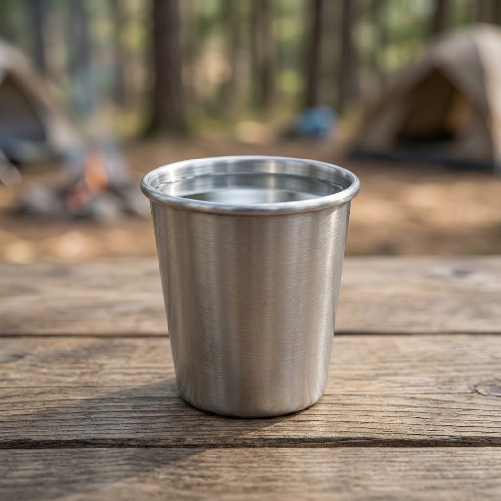 A brushed stainless steel tumbler cup filled with water, standing on a rustic wooden table with a blurred outdoor campsite background.